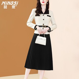 茗思时尚气质职业套装裙女2025春季新款西装外套百褶半身裙两件套