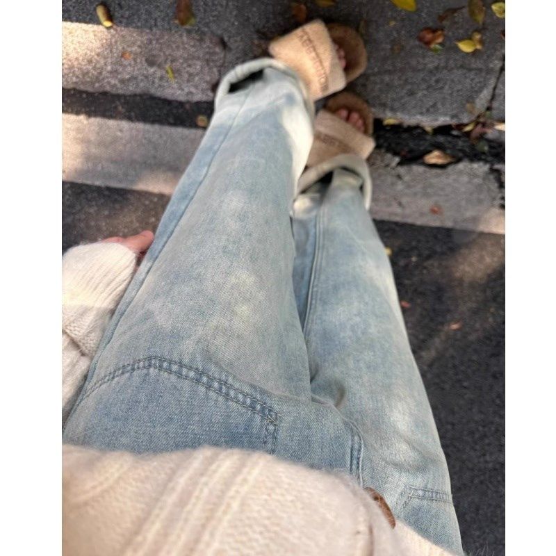 秋冬新款加绒加厚宽松直筒牛仔裤女复古浅蓝色水洗高腰窄版阔腿裤