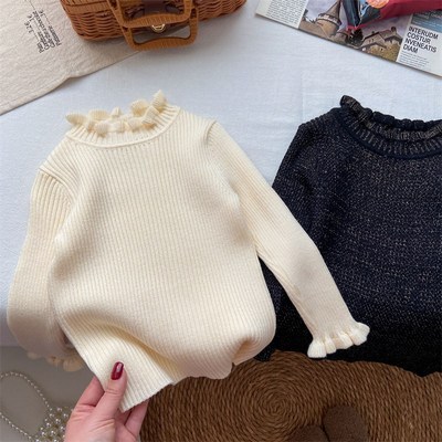 女童毛衣秋冬款2024新款洋气小童半高领弹力打底衫白色黑色带亮闪
