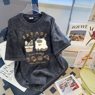 T短袖 宽松大码 上衣 新款 面包猫咪水洗黑色260g重磅纯棉t恤女男夏季