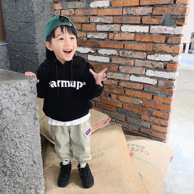 男童加绒卫衣儿童冬装男宝宝加厚连帽上衣秋冬童装小童冬季冬潮款