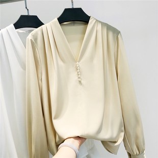 V领长袖雪纺衬衫女2023春装新款钉珠洋气小衫韩国气质宽松衬衣潮