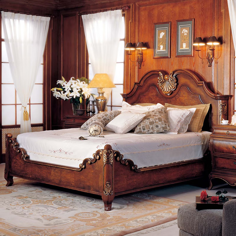 美式实木床雕花双人床欧式复古主人床婚床新古典大床高端别墅家具