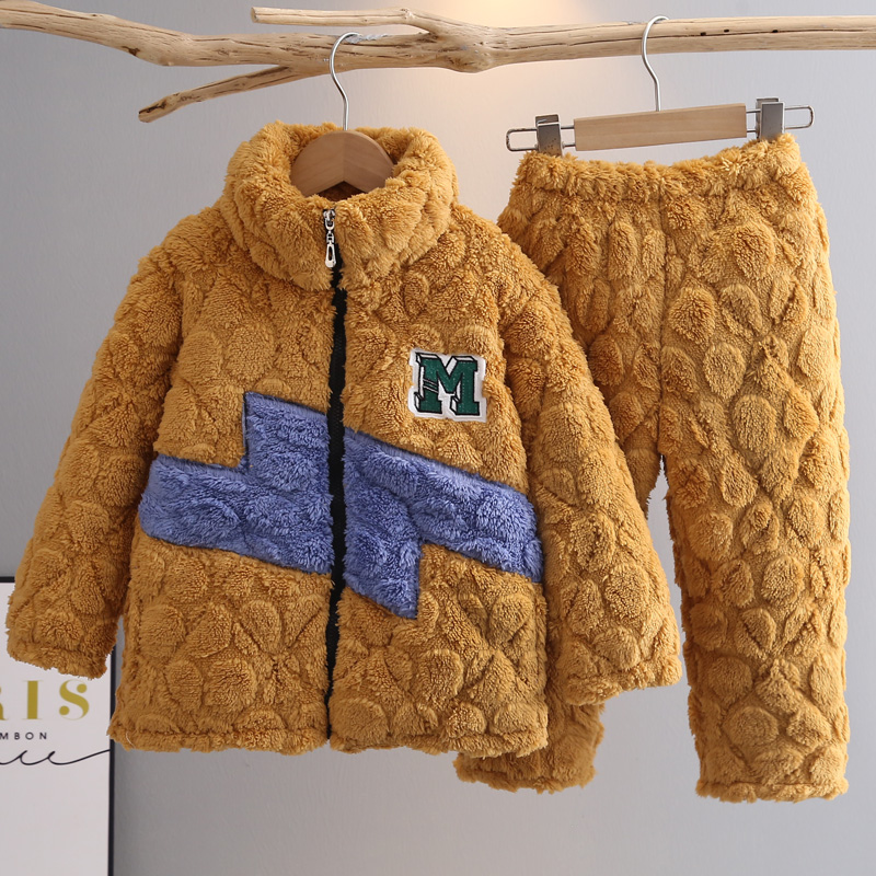 冬季儿童睡衣法兰绒男童拉链加厚中大童男孩珊瑚绒三层夹棉家居服