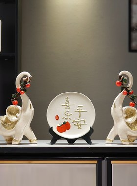 新中式平安喜乐挂盘鹿摆件乔迁新居客厅玄关酒柜电视柜家居装饰品