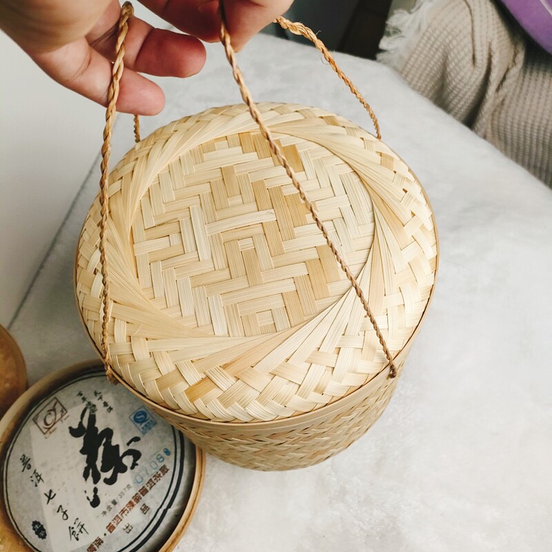 竹编茶叶罐茶篓圆形普洱茶盒带盖竹蓝子竹楼竹罗筐摘茶叶包装