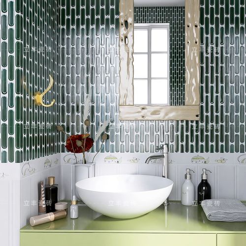 墨绿色窑变陶瓷小长条圆形马赛克瓷砖咖啡店卫生间背景墙装饰