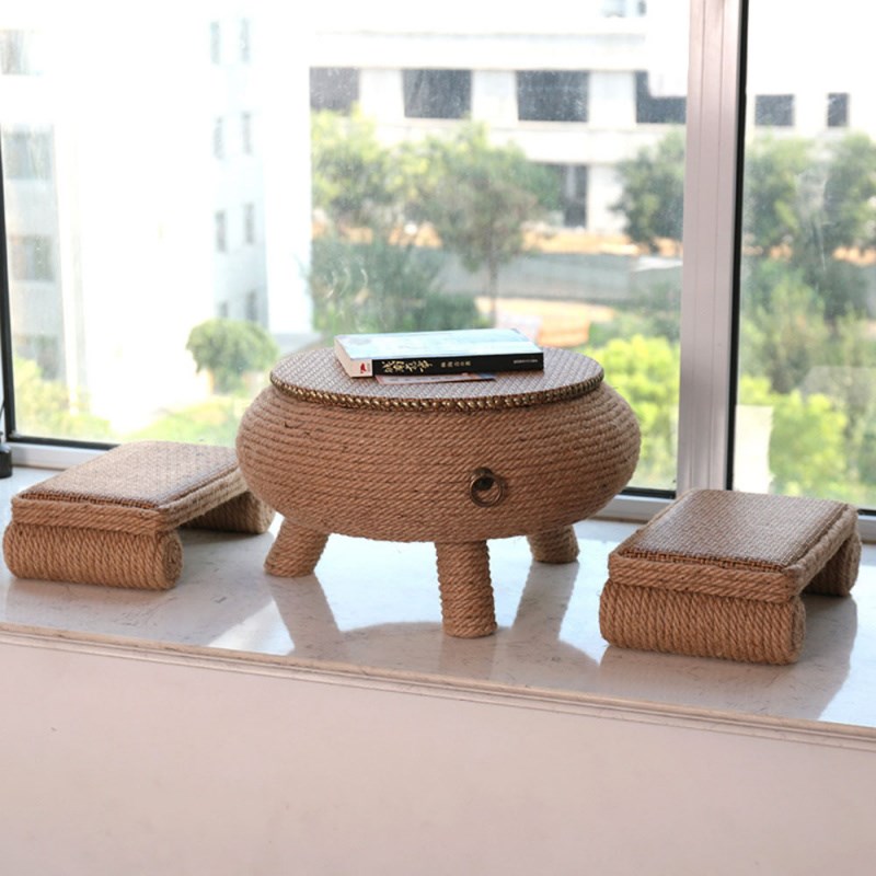 麻绳小圆桌地台茶几阳台中式矮桌子草编榻榻米茶几轻奢飘窗桌炕桌