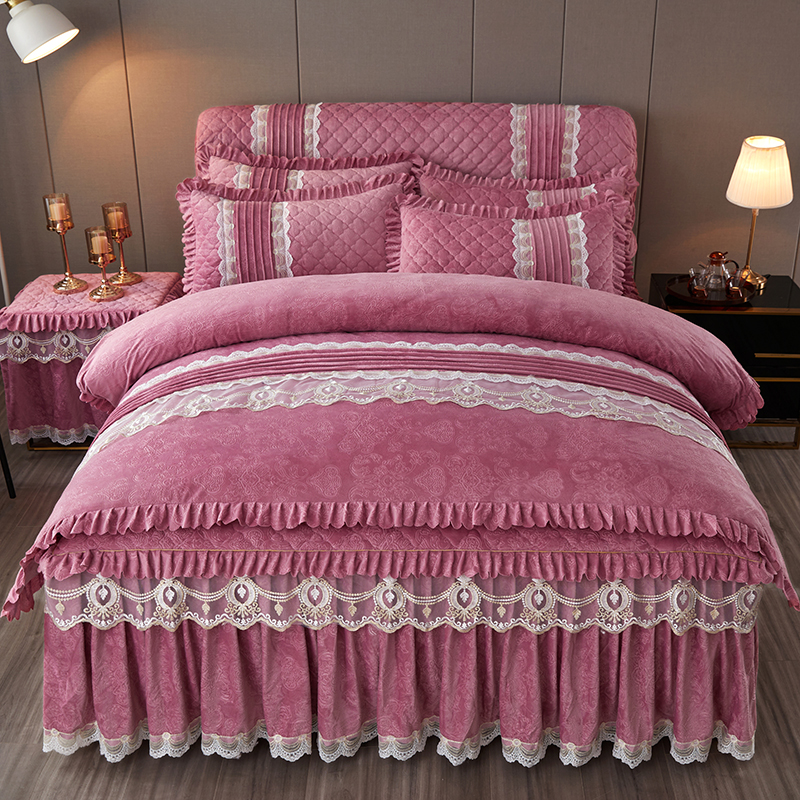 冬季水晶绒床裙四件套被罩双面欧式蕾丝床单被套加厚夹棉床罩加棉