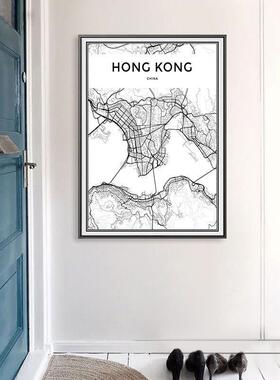 欧美城市黑白线描地图现沙发背景墙简装饰画约书房挂画抽象简约画
