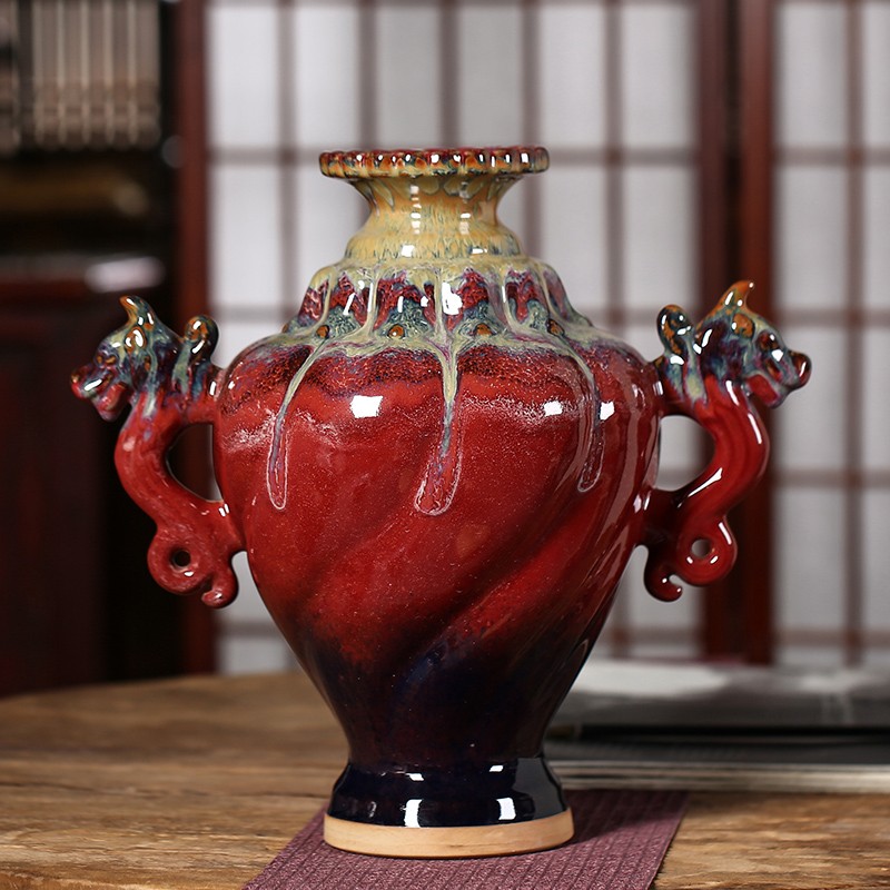景德镇陶瓷器 钧瓷颜色釉双耳郎红花瓶 玉壶春中式家饰工艺品摆件