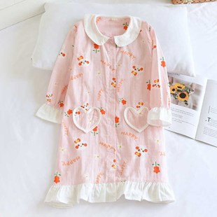 可爱花朵兔儿童夏季薄纯棉纱布女童长袖睡裙宝宝娃娃领全棉家居裙