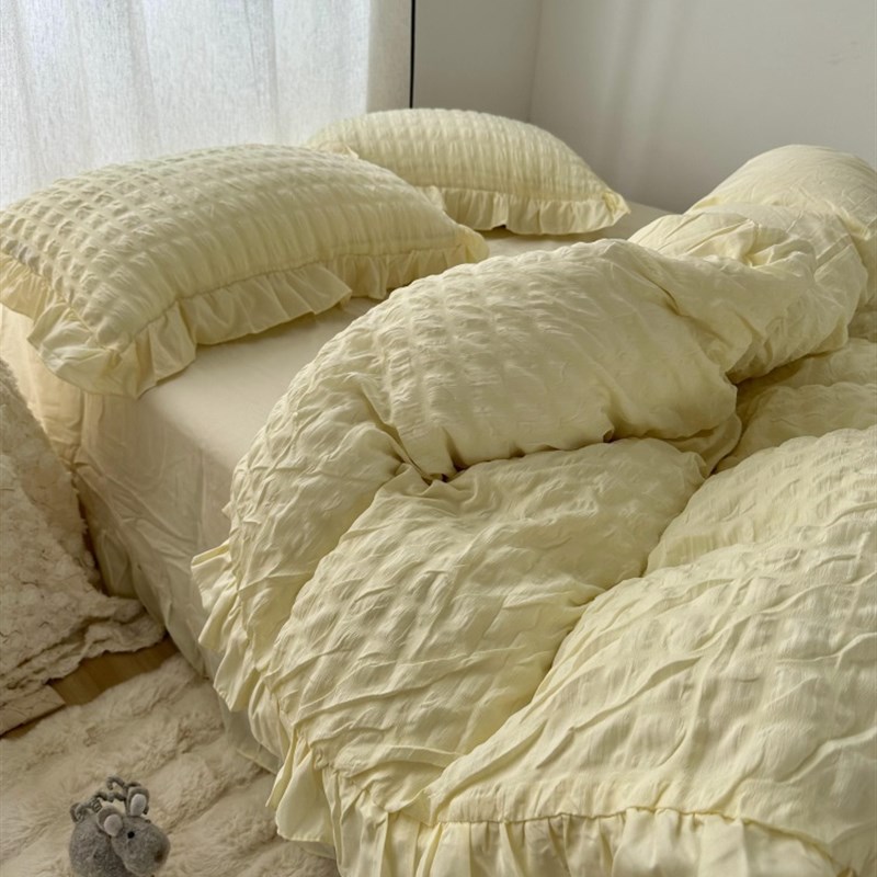法式少女心奶油黄荷叶花边泡泡纱水洗棉床上四件套裙边床单三件套图片