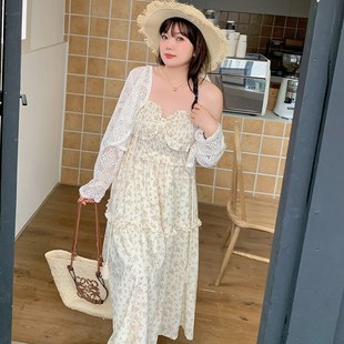 奶黄色夏日初恋套装连衣裙大码女装2023夏季洋气吊带裙两件套显瘦