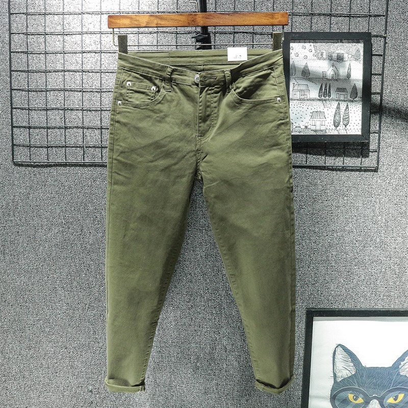 小个子夏季薄款  九分休闲牛仔裤男修身小脚裤165cm卡其纯棉裤子