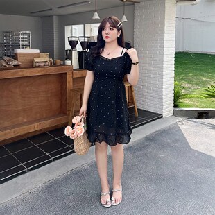 大码胖女生连衣裙雪纺黑色显瘦胖mm波点a字裙子气质2024夏装新款