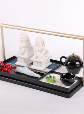 新中式金属托盘狮子组合摆件家居书房样板间茶室茶几软装饰品配饰