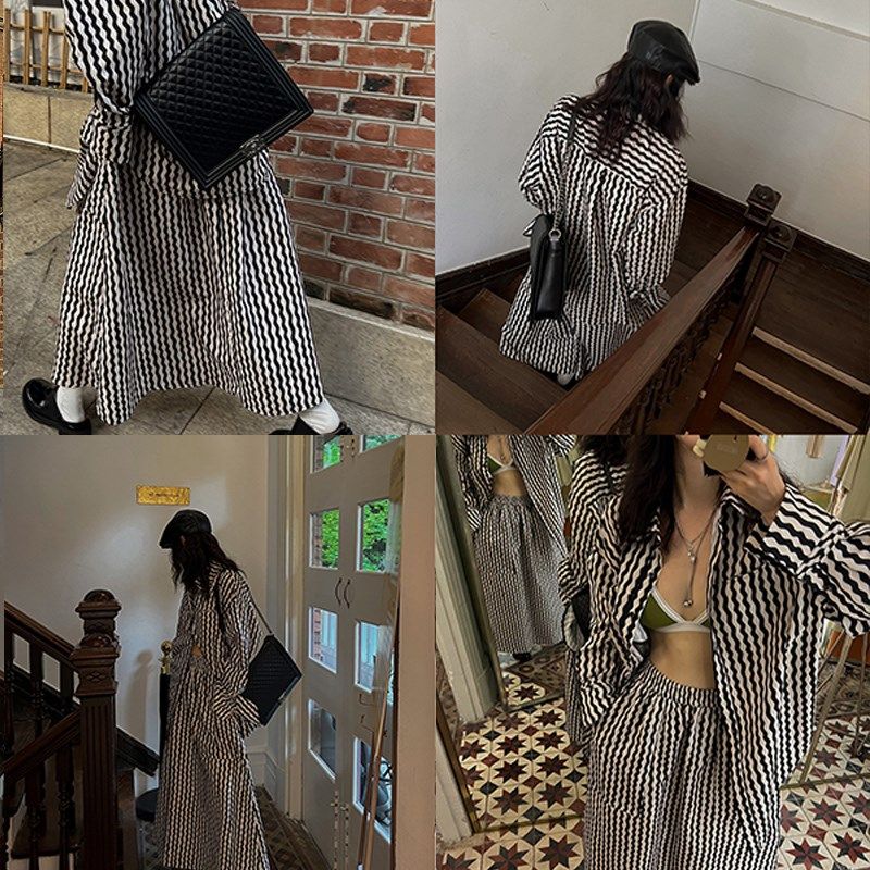 MOERSHOP 复古光晕时刻 黑白条纹长袖衬衫女春半身裙套装两件套,女装/女士精品,时尚套装,淘宝优惠券,粉丝福利购,淘宝优惠卷
