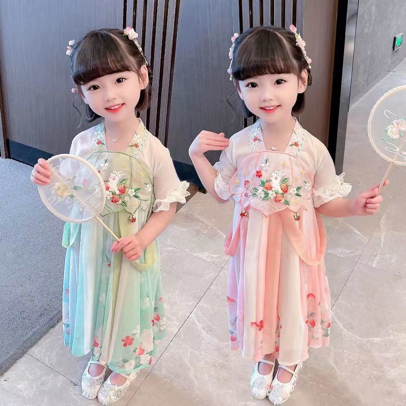 女童汉服2025夏装短袖儿童唐装小女孩仙女中国风雪纺宝宝连衣裙