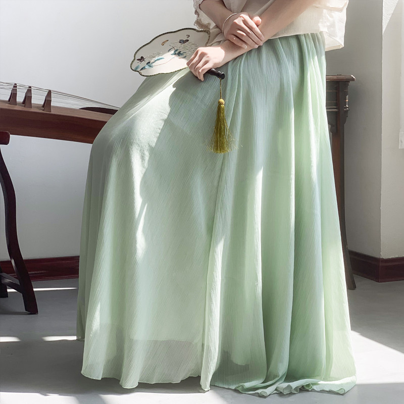 忆卿 白色飘逸纱裙女高腰裙黑色半身长裙垂感裙子仙女雪纺大摆裙