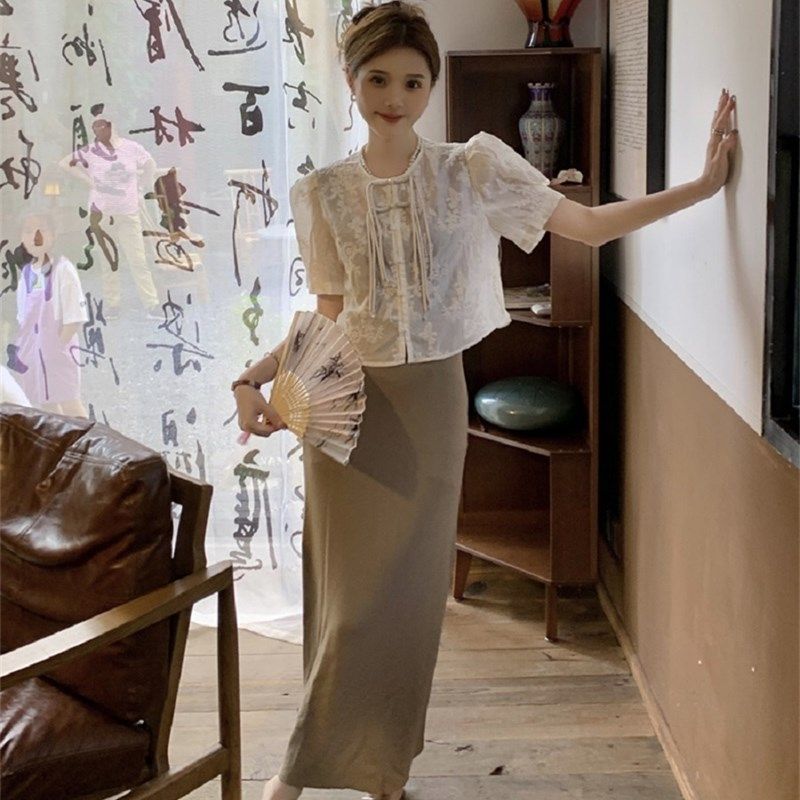 大码胖mm新中式国风盘扣流苏衬衫上衣背心连衣裙女显瘦改良两件套