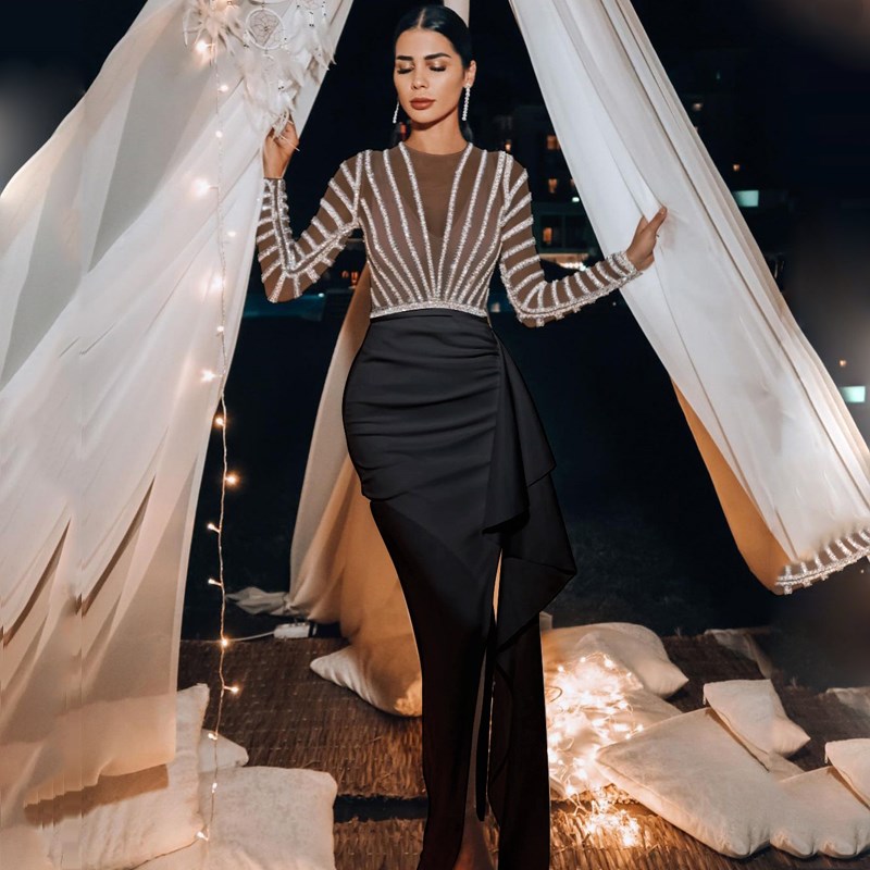 网纱亮片主持人晚宴聚会演出礼服收腰显瘦包臀荷叶边拼接连衣裙女