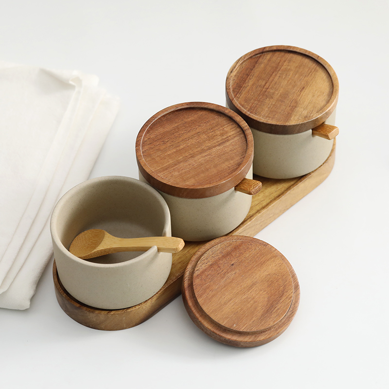 日式复古陶瓷调味罐家用盐罐糖罐调味盒套装高档木盖厨房调料盒