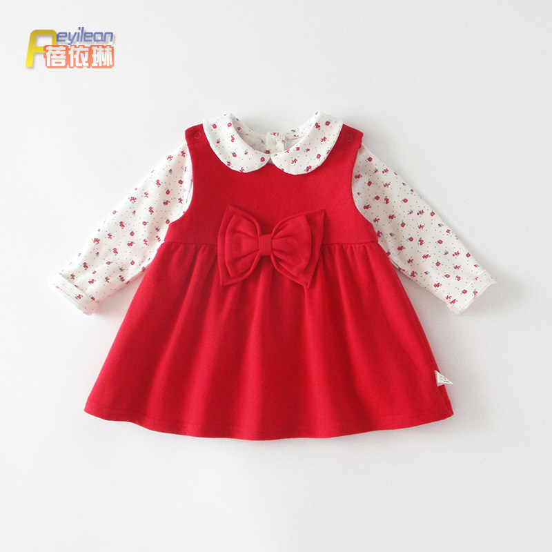 小女童宝宝秋装红色背带连衣裙两件套装洋气公主婴儿衣礼服1-3岁2