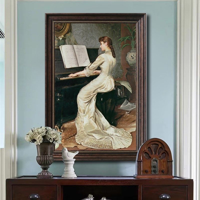 入户玄关装饰画简约竖版人物画弹琴美女挂画琴房画喷绘画可定制