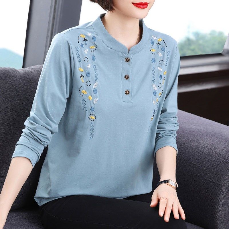 纯棉长袖t恤女 休闲外穿2024春秋装新款中老年妈妈洋气上衣打底衫