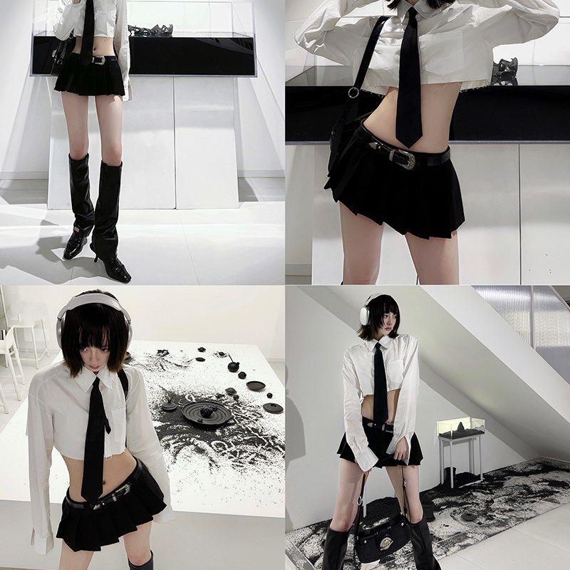 带腰带双腰头腰袢黑色防走光百褶裙女美式甜酷风超短低腰半身裙,女装/女士精品,半身裙,淘宝优惠券,粉丝福利购,淘宝优惠卷