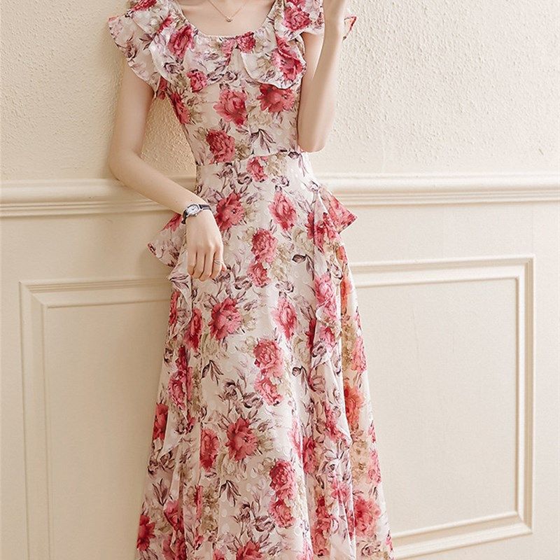 法式小众夏季雪纺碎花连衣裙女新款荷叶边气质修身中长款大摆裙潮