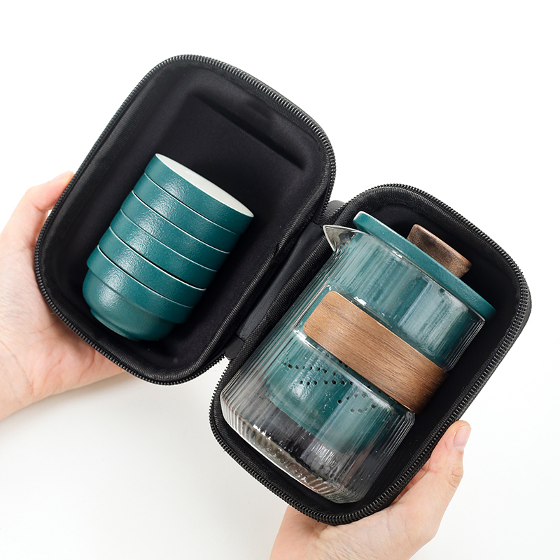 玻璃旅行茶具套装陶瓷快客杯一壶六杯便携式户外随身游泡茶壶茶杯