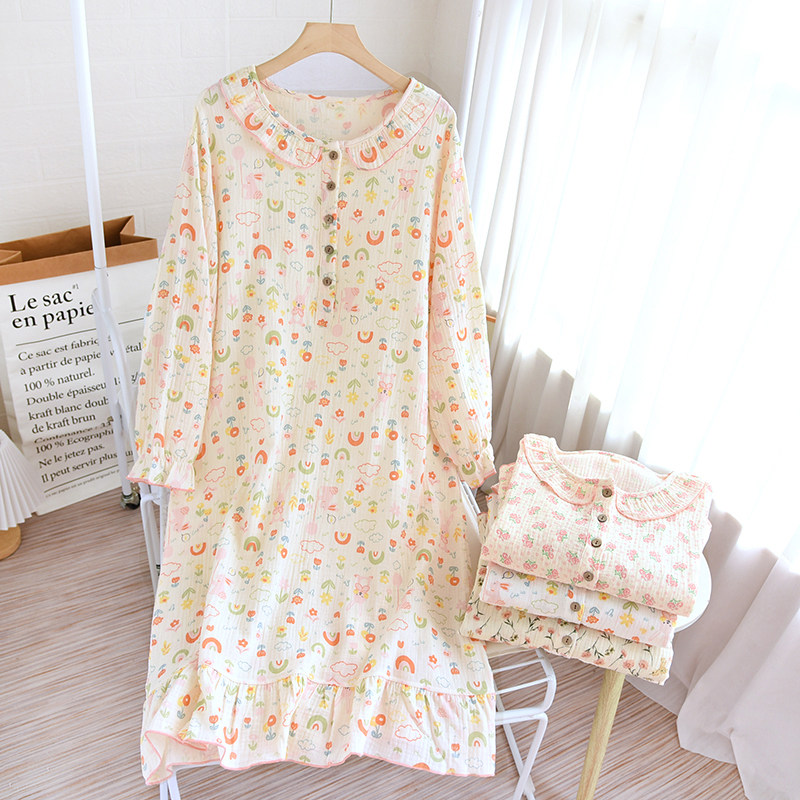 睡裙女长袖春秋夏季纯棉双层纱布家居连衣裙大码薄款全棉长裙浴袍