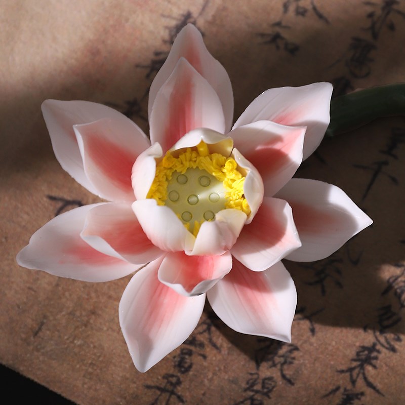 东方泥土荷花花枝新中式陶瓷捏花摆件居家客厅酒柜办公室桌面装饰
