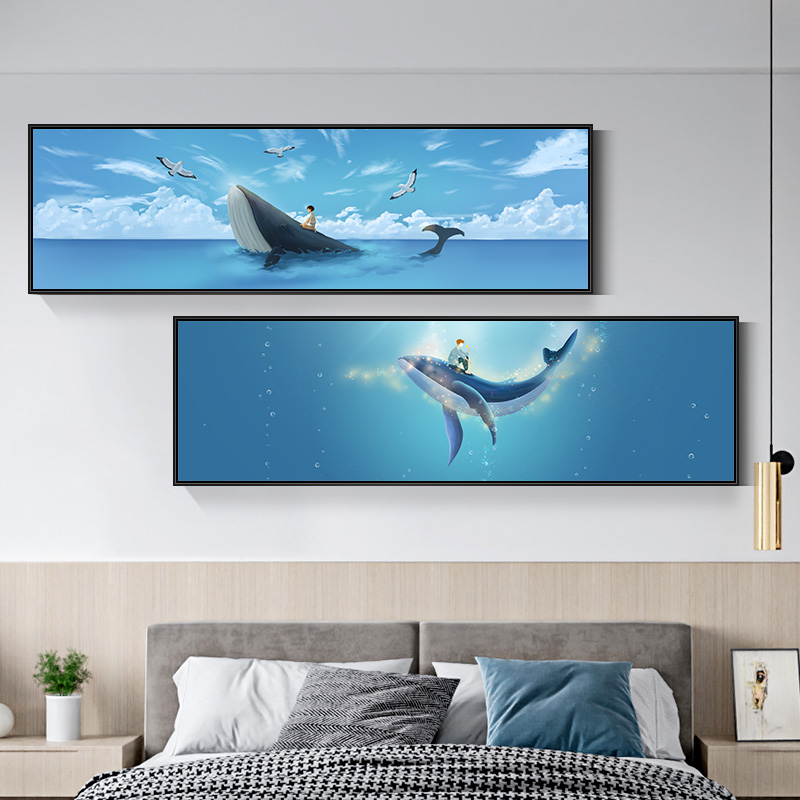 儿童房装饰画大海鲸鱼海洋动物挂画卡通男孩房间画女孩卧室床头画图片