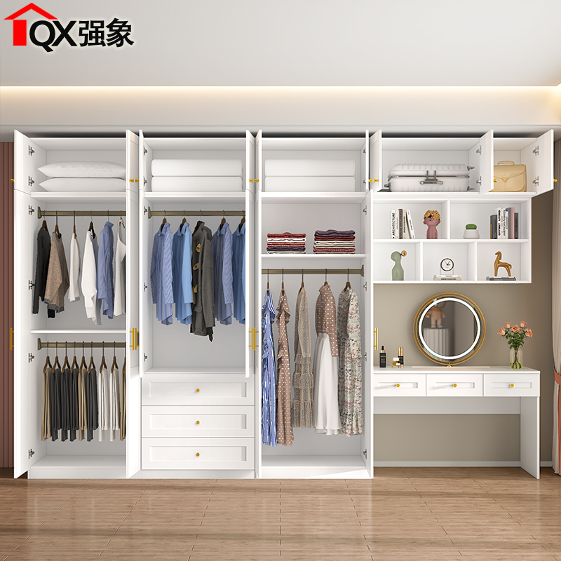 奶油风大衣柜化妆台书桌一体组合家用卧室收纳柜子化妆桌定制A22