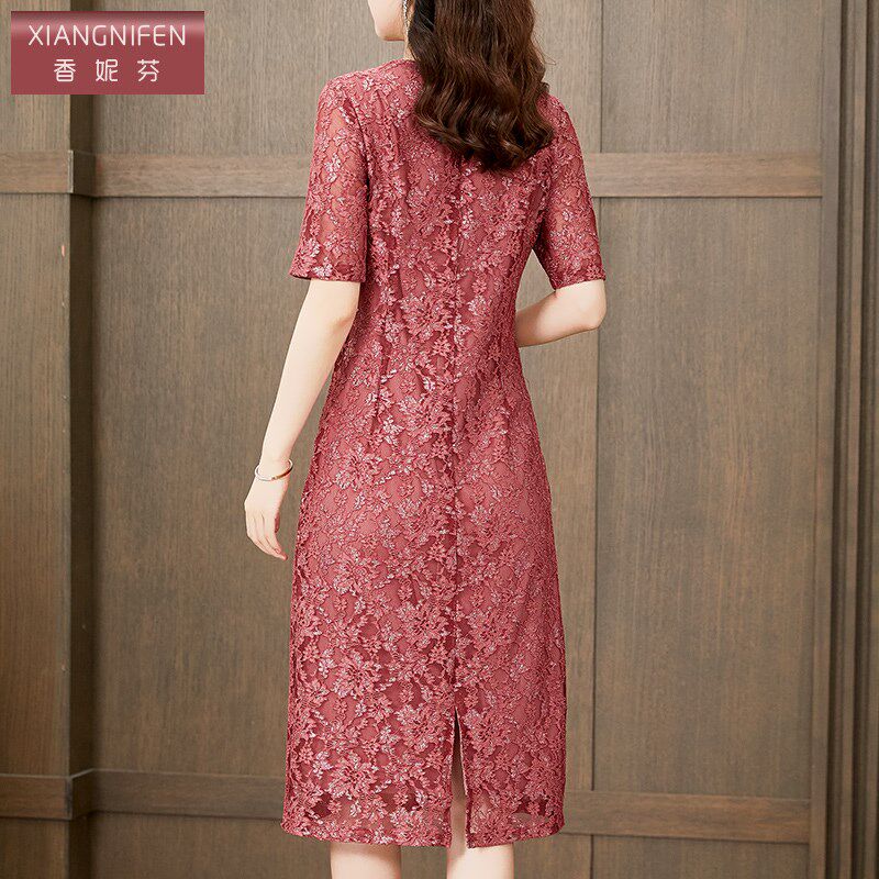 香妮芬气质复古显瘦中年妈妈连衣裙2025新款夏季蕾丝质感休闲裙子