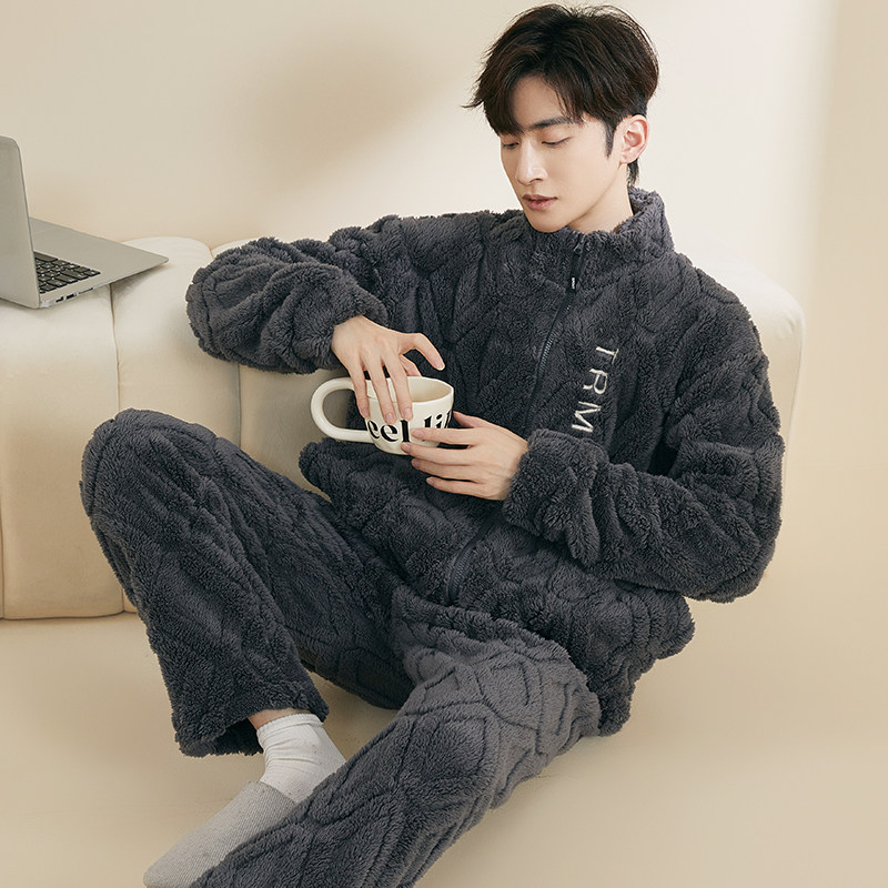 男士睡衣秋款2023新款男秋季冬季高级感珊瑚绒男款加绒加厚家居服