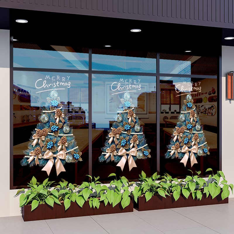 圣诞节玻璃贴纸窗贴门贴花环圣诞树店铺场景布置装饰商场静电氛围
