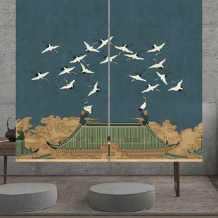 屏风纱布透景帘办公室电动卷窗帘瑞鹤图软隔断轻奢新中式挂帘定制