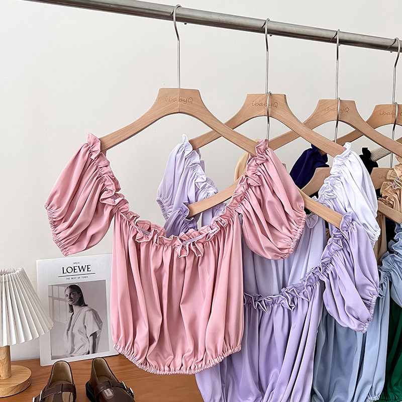 设计感甜美百搭木耳边露肩一字领修身显瘦短款露脐衬衫上衣女夏季