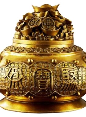 铜聚宝盆纯铜聚宝盆摆件桌面带盖开盖招财聚财五路财神聚宝盆家居