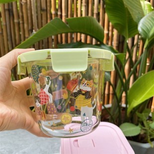 日式马戏团猫咪可微波炉加热玻璃饭盒带刻度保鲜碗学生便当盒