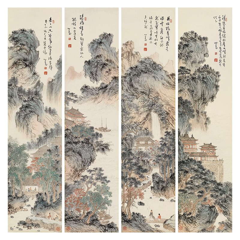 溥儒山水四屏传统山水画临摹范本中式装饰画艺术微喷绢布画稿底稿
