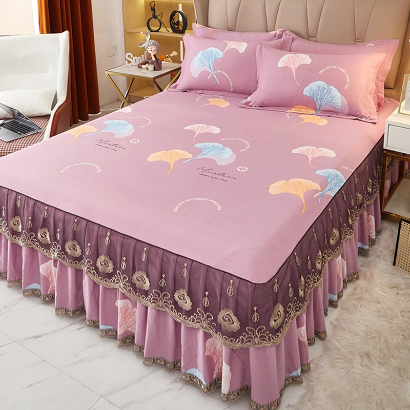 加厚纯棉磨毛床裙三件套全棉花边蕾丝床罩单件防滑1.8m床垫保护套