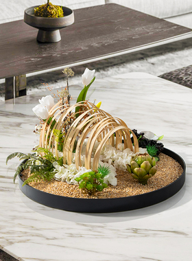 新中式大圆桌转盘摆花酒店餐桌高端餐厅轻奢摆件造景摆放软装饰品