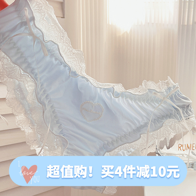 复古JK少女内裤甜美牛奶丝蝴蝶结少女可爱中腰三角裤丝带爱心夏季