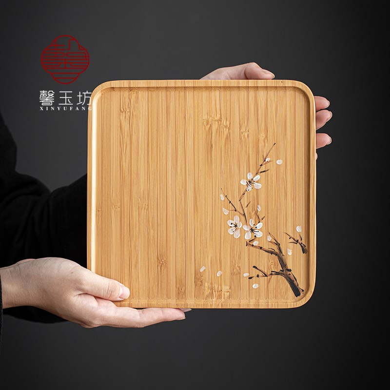 馨玉坊手绘梅竹盘干泡盘小型功夫茶盘长方茶台茶海茶点盘