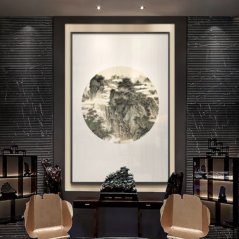 新书房装饰画办公室大美河山挂画单幅竖背景墙壁画